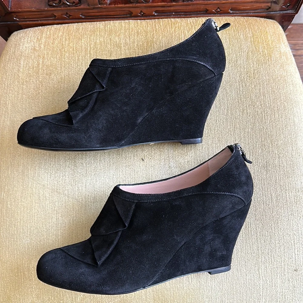 Emporio Armani Black Suede Wedge Booties with Ruffle and Back Zip EUR 40 US 9.5